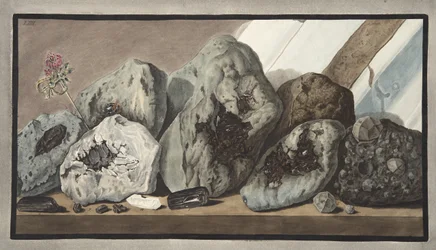 Krystalsten kaldet Gems of Mount Vesuvius, plade LIIIIII, fra "Campi Phlegraei: Observations on the Volcanoes of the Two Sicilies", af Sir William Hamilton (1730-1803), udgivet i 1776 (håndkoloreret).